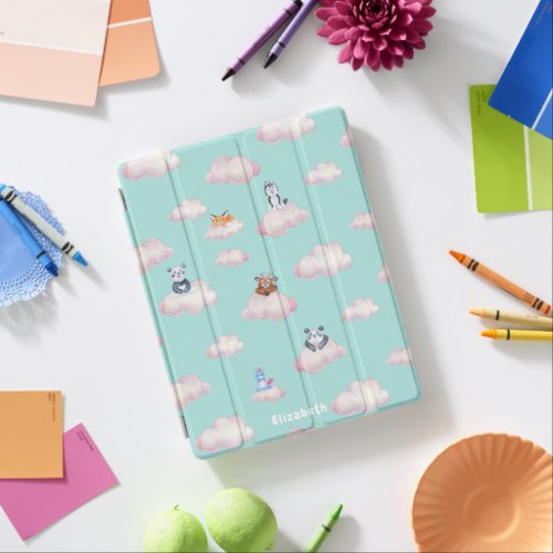 Cute Baby Animals On Clouds Monogram iPad Smart Cover