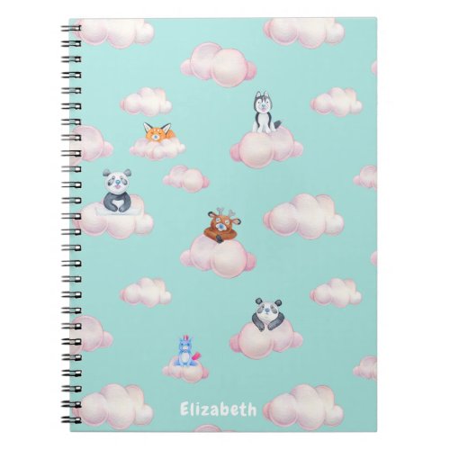 Cute Baby Animals On Clouds Monogram Notebook