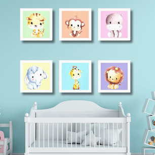 Cute Baby Animals Pastel Colors Baby Nursery Canvas Photo Tile