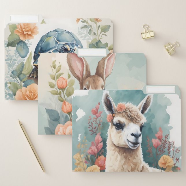 Cute Baby Animals Pastel Floral Watercolor File Folder (Set)