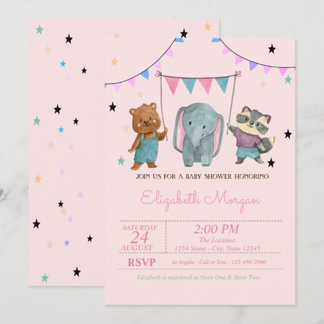 Cute Baby Animals, Stars Baby Shower Invitation (Front/Back)