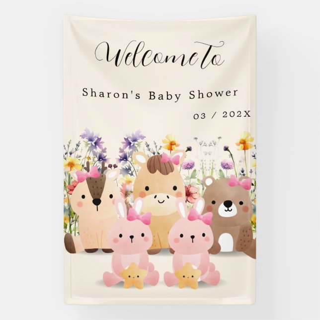 Cute Baby Animals & Wildflowers Baby Shower  Banner (Vertical)