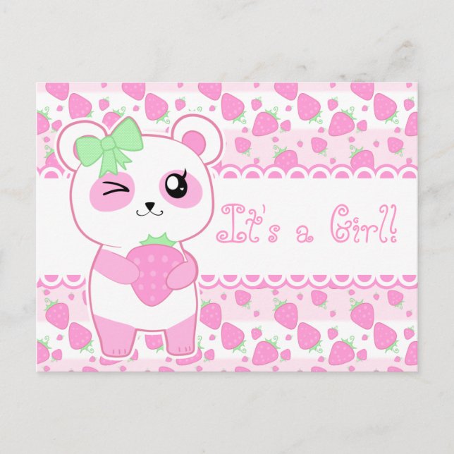 Cute baby annoucement pink Kawaii Panda bear Announcement Postcard (Front)