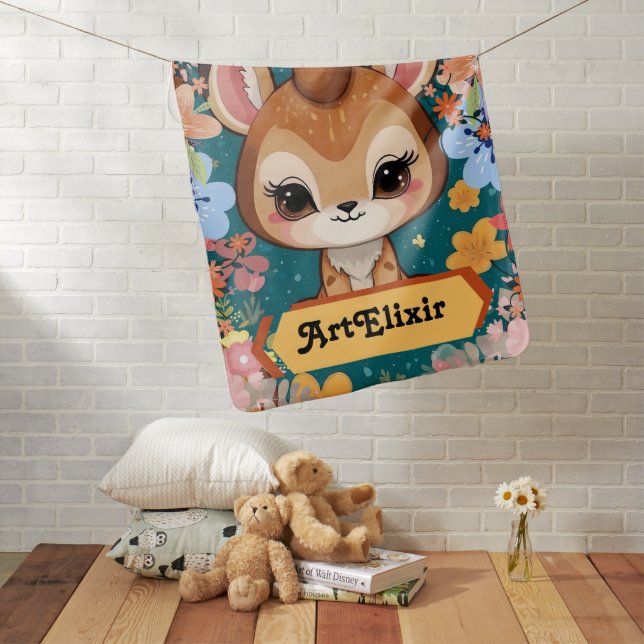 Cute Baby Antelope Brown Floral Pattern Blanket (In Situ)