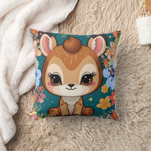 Cute Baby Antelope Brown Floral Pattern Throw Pillow