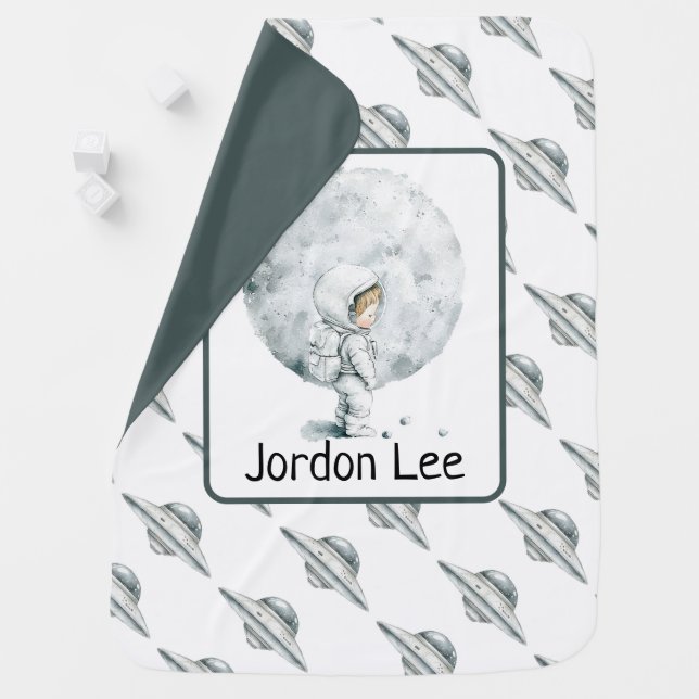 Cute Baby Astronaut and Ufo's with Name Blanket (In Situ)