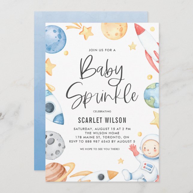 Cute Baby Astronaut Space Theme Baby Sprinkle Invitation (Front/Back)
