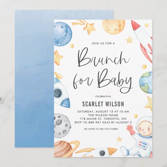Cute Baby Astronaut Space Theme Brunch for Baby Invitation (Front/Back)