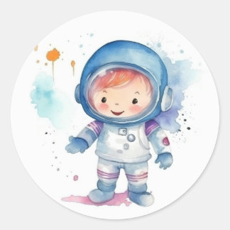 Cute Baby Astronaut Watercolor Classic Round Sticker