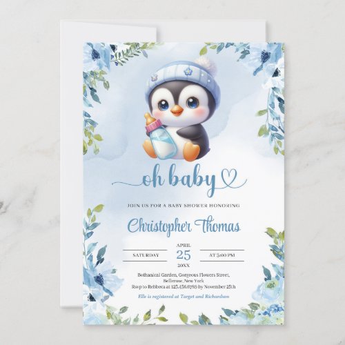 Cute baby baby penguin watercolor blue floral sage invitation