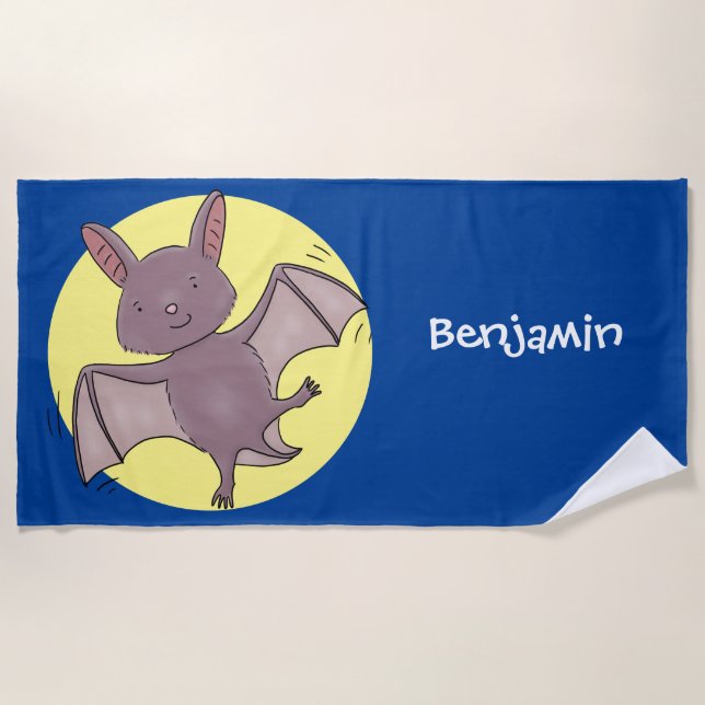 Cute baby bat flying cartoon illustration beach towel (Front)