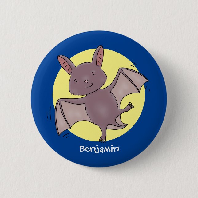 Cute baby bat flying cartoon illustration button (Front)