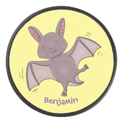 Cute baby bat flying cartoon illustration hockey puck