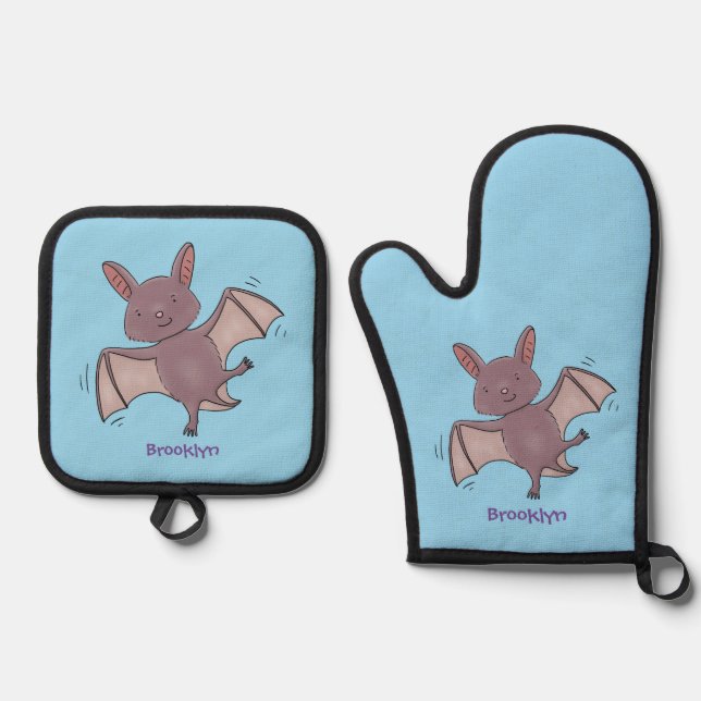 Cute baby bat flying cartoon illustration oven mitt & pot holder set (Front)