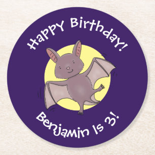 Cute baby bat flying cartoon illustration round paper coaster