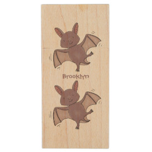Cute baby bat flying cartoon illustration wood flash drive