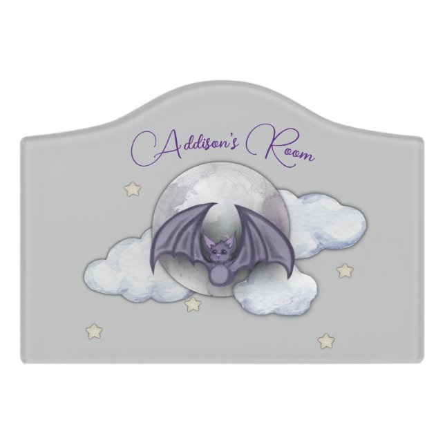 Cute Baby Bat Moon and Stars Nursery Door Sign (Small Crest Front)
