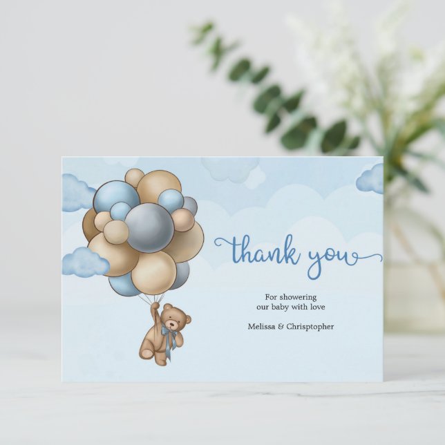 Cute baby bear balloons brown blue beige thank you enclosure card (Standing Front)