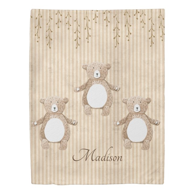Cute Baby Bear Boy Girl Nursery Stripes Duvet Cover (Front)