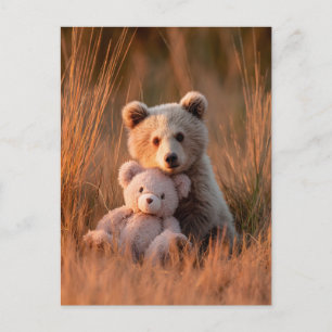 Cute Baby Bear Cub Hugging a Teddy Bear Holiday Postcard