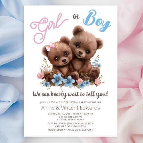 Cute Baby Bear Cubs Gender Reveal Party Invitation