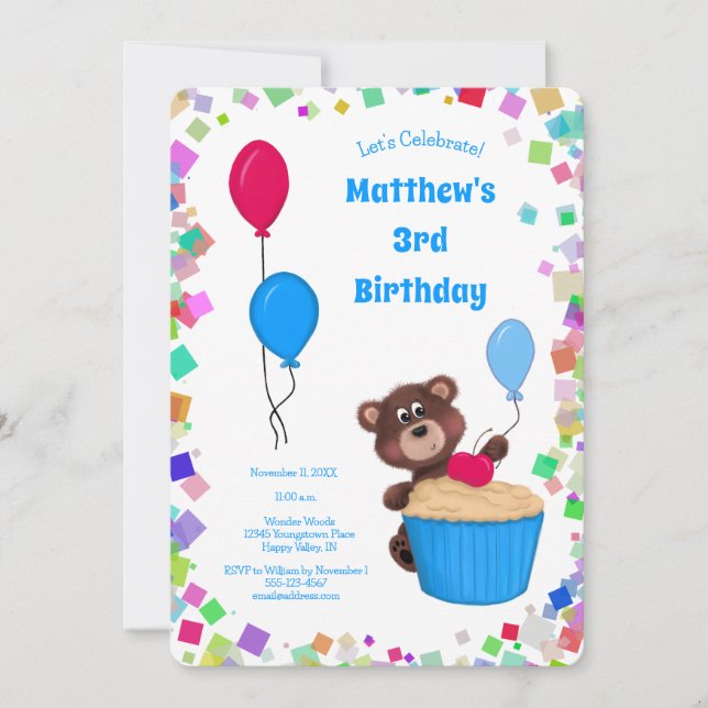 Cute Baby Bear Cupcake Blue Balloon Birthday Invitation (Front)