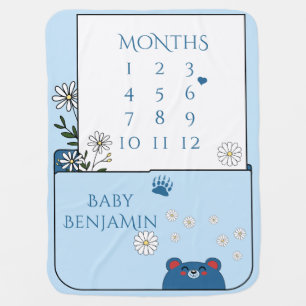 Cute Baby Bear & Daisy Flowers Baby Blanket