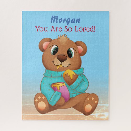Cute Baby Bear Eating Honey Childs Name  Message Jigsaw Puzzle