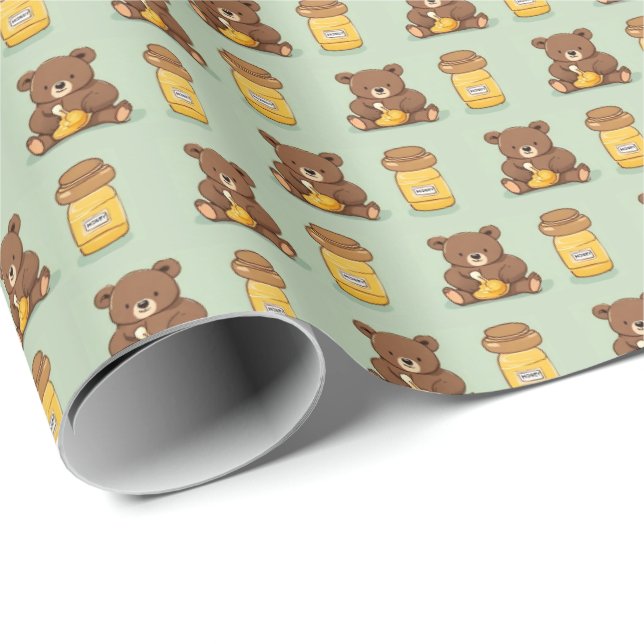Cute Baby Bear Eating Honey Gift Wrap Paper (Roll Corner)