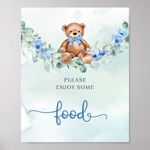 Cute baby bear eucalyptus wreath blue flowers food poster