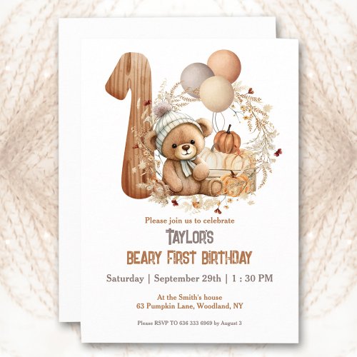 Cute Baby Bear Fall Beary 1st Birthday Invitation