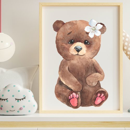 Cute Baby Bear Flower Watercolor Woodland Nursery Poster