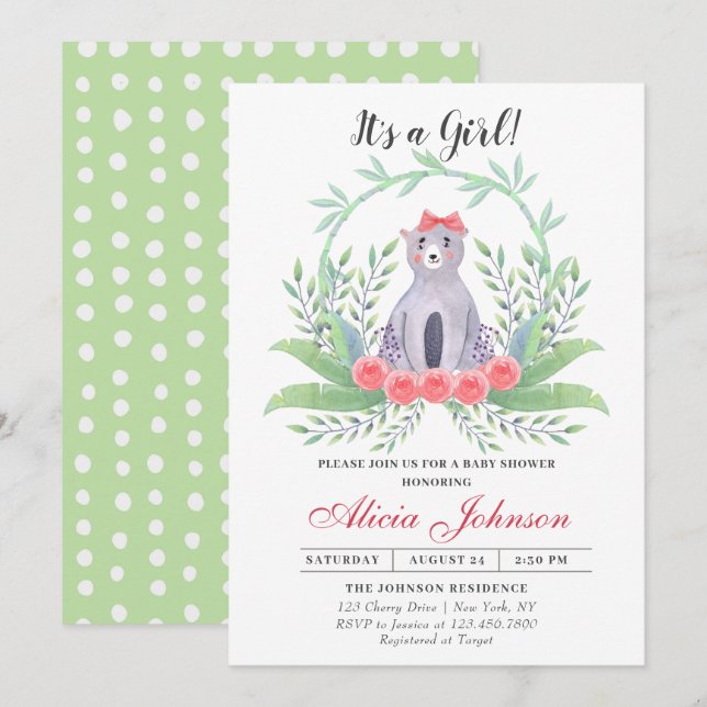 Cute Baby Bear Girl Baby Shower Invitation (Front/Back)