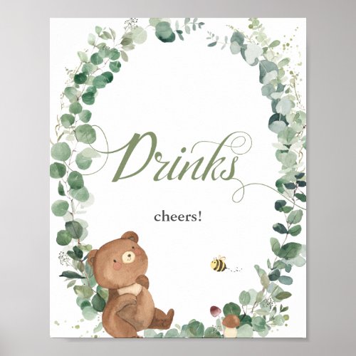 Cute Baby Bear Greenery Baby Shower Drinks Sign