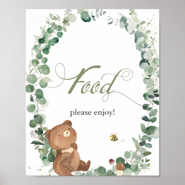 Cute Baby Bear Greenery Baby Shower Food Sign (Front)