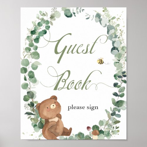 Cute Baby Bear Greenery Baby Shower Guestbook 