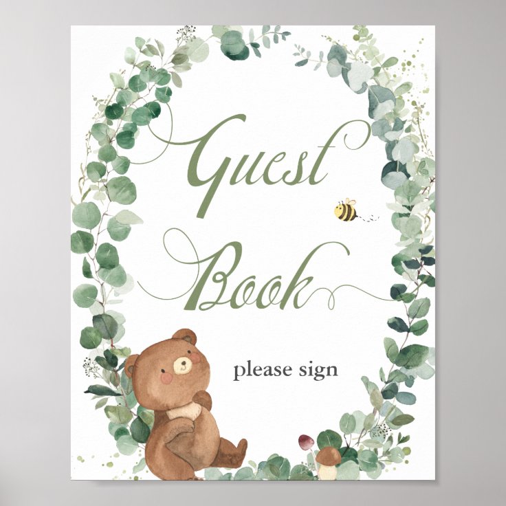 Cute Baby Bear Greenery Baby Shower Guestbook Zazzle