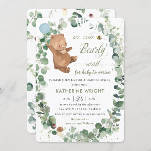 Cute Baby Bear Greenery Boy Baby Shower Invitation