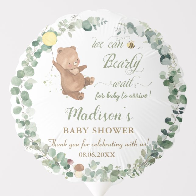 Cute Baby Bear Greenery Gender Neutral Baby Shower Balloon (Front)