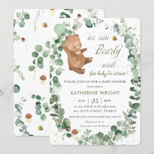 Cute Baby Bear Greenery Gender Neutral Baby Shower Invitation
