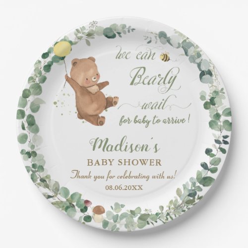 Cute Baby Bear Greenery Gender Neutral Baby Shower Paper Plates