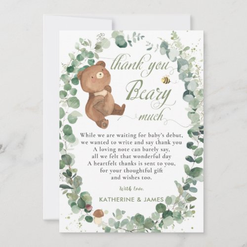  Cute Baby Bear Greenery Gender Neutral Shower   Thank You Card