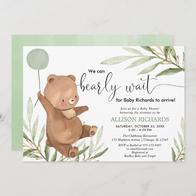 Cute baby bear greenery gold gender neutral shower invitation (Front/Back)