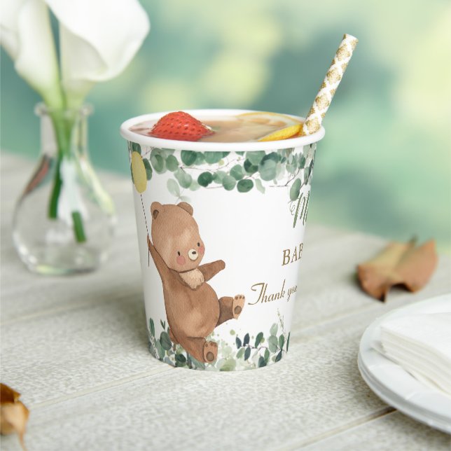 Cute Baby Bear Greenery Neutral Baby Shower  Paper Cups (Insitu)