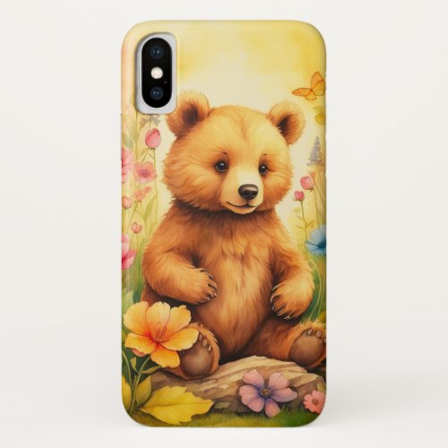 cute baby bear in a beautiful forest with flower iPhone x case