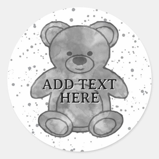 Cute Baby Bear In Black and White Custom Text Classic Round Sticker (Front)