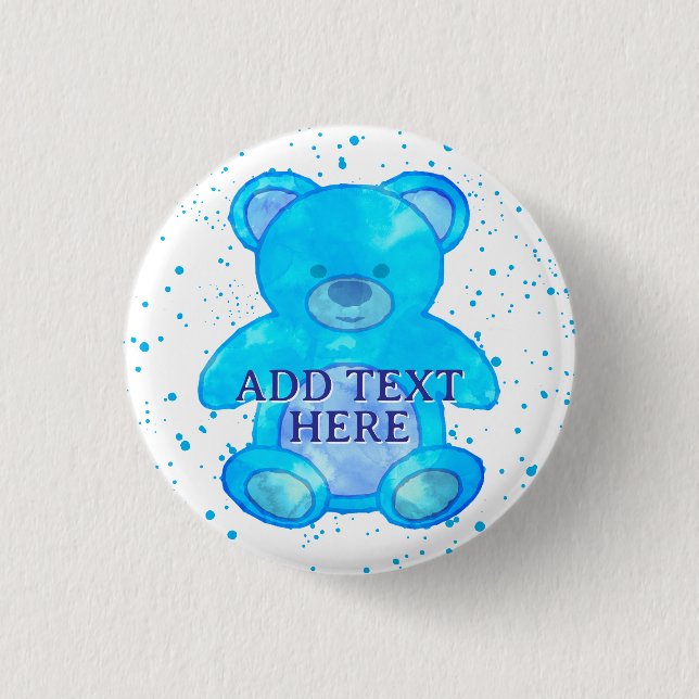 Cute Baby Bear In Blue Custom Text Button (Front)