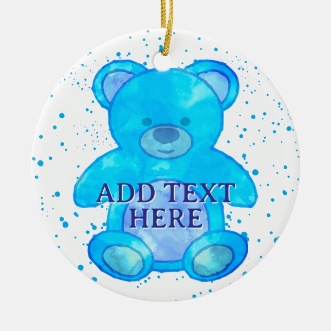Cute Baby Bear In Blue Custom Text Ceramic Ornament (Front)