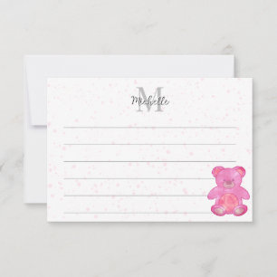 Cute Baby Bear In Pink Custom Lined Monogram  Note Card
