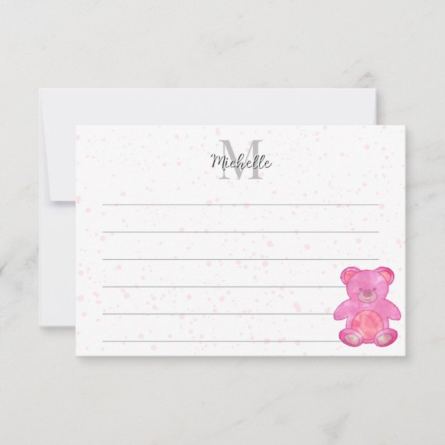 Cute Baby Bear In Pink Custom Lined Monogram  Note Card (Front)